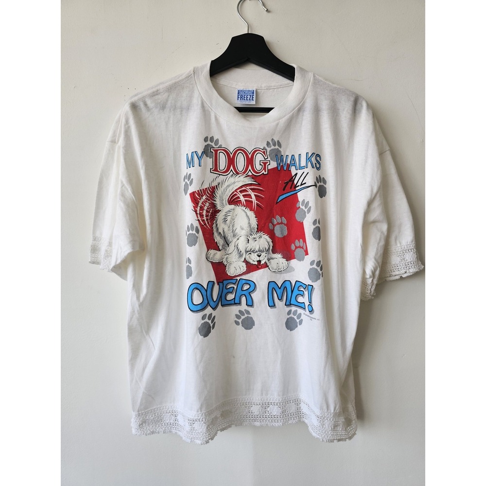 Vintage My Dog Walks All Over Me Shirt Womens‎ One Size White Lace Graphic 90s